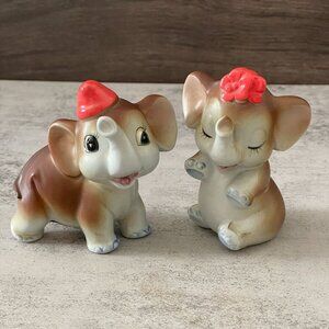 Lefton Vintage Elephant Salt Pepper Shaker Set Boy Girl Red Hat Bow Japan 1960s